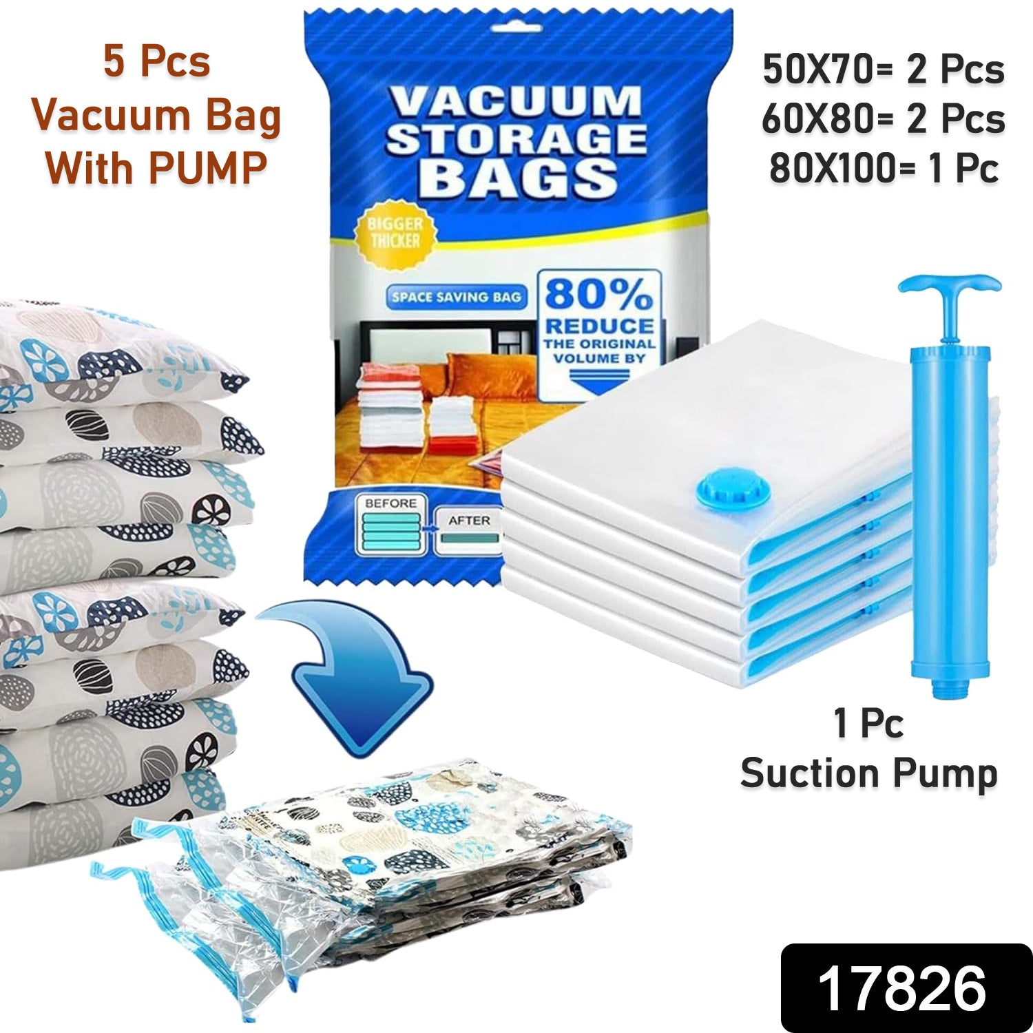 17826 Vacuum Storage Bags With Suction Pump Shirt Clips - Vacuum Bags - Big Capacity Vacuum Seal Bags For Travel Clothes Blankets Pillows Compression Bags Space Saver Vacuum Storage Bags (5 Pcs Set) - Trendynest