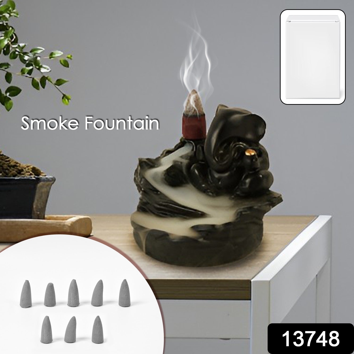Smoke Fountain Ganesha Idol Decoration Items With 8 Pc Backflow Incense Cones Sticks (1 Pc) - Trendynest