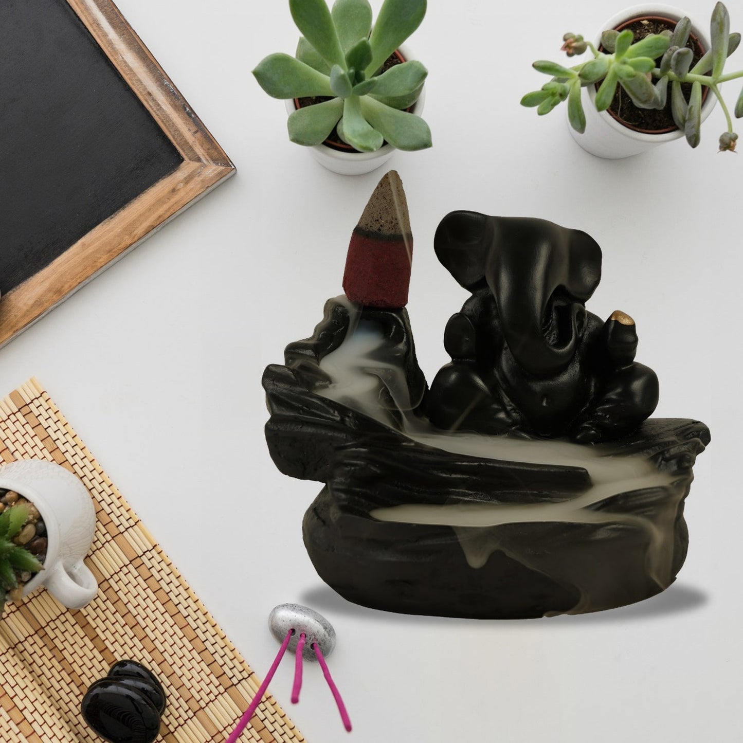 Smoke Fountain Ganesha Idol Decoration Items With 8 Pc Backflow Incense Cones Sticks (1 Pc) - Trendynest