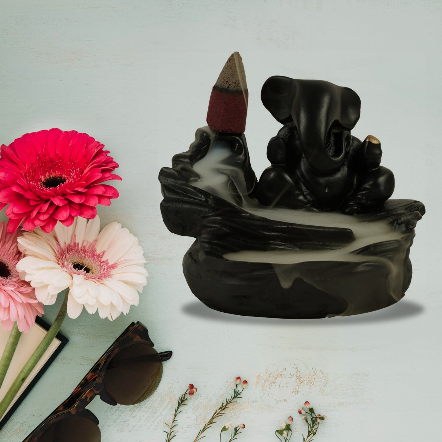 Smoke Fountain Ganesha Idol Decoration Items With 8 Pc Backflow Incense Cones Sticks (1 Pc) - Trendynest